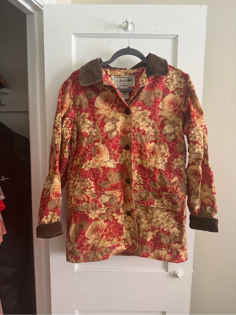 L.L. Bean Red Floral Quilted Chore Jacket with Brown Corduroy Trim